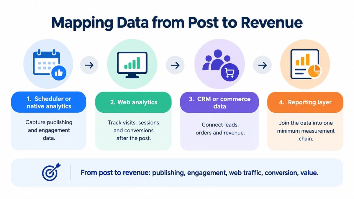 A diagram illustrating the four-step process of mapping social media post data to final revenue generation.