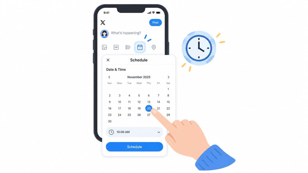 A hand selecting a date on an X social media mobile application scheduling calendar interface.