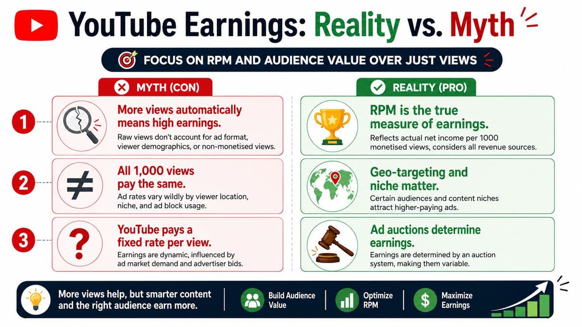An infographic titled YouTube Earnings Reality vs Myth explaining that RPM, geography, and auctions determine creator income.