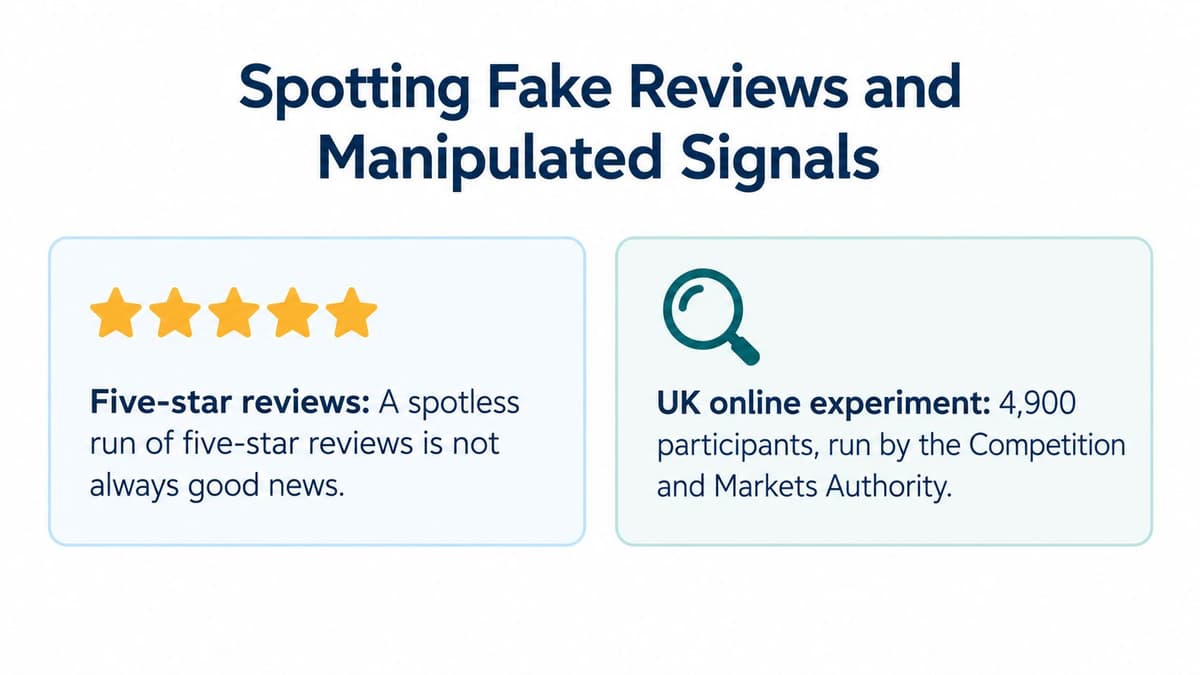 A graphic highlighting fake reviews, mentioning that five-star runs can be suspicious, referencing a UK online experiment.