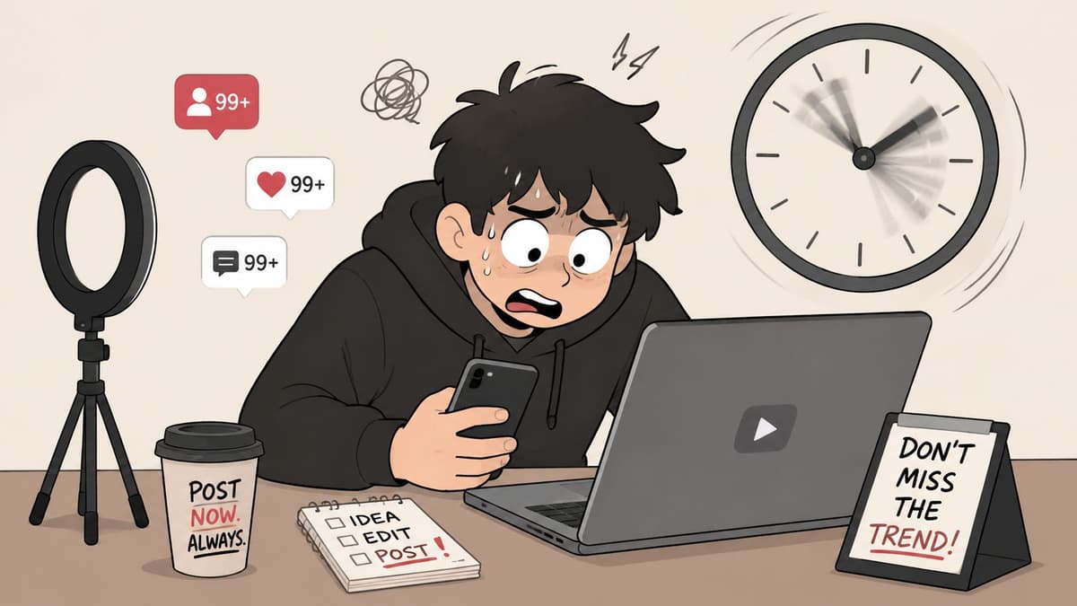 A stressed content creator working on a laptop and phone under pressure to post viral social media content.