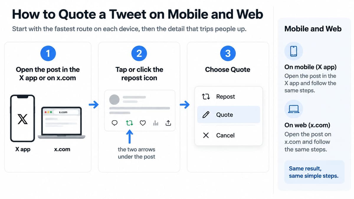 A three-step infographic showing how to quote a tweet on the X mobile app and x.com website.