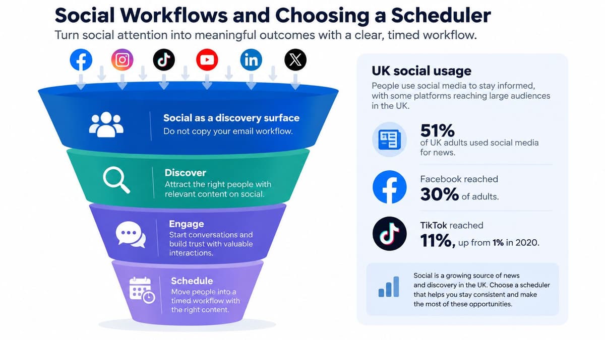 A funnel diagram illustrating social media workflows for discovery, engagement, and scheduling to improve business outcomes.