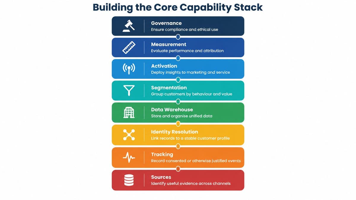 A vertical diagram illustrating the eight layers of a core capability stack for marketing data management.
