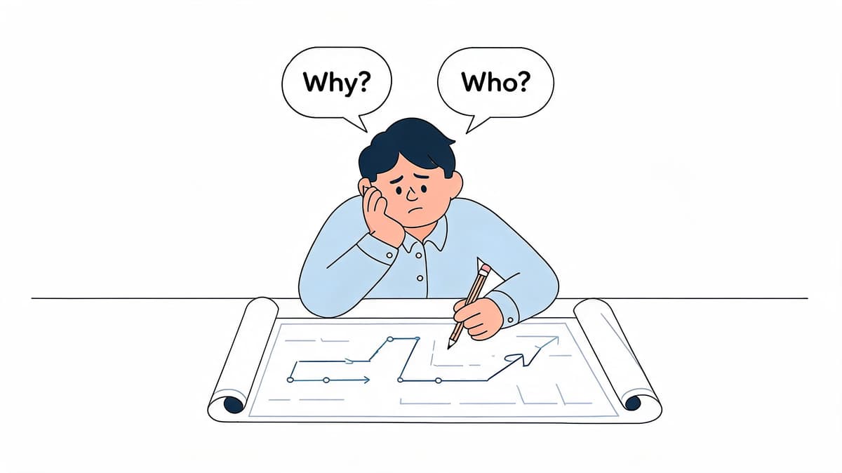 A confused person sitting at a desk with blueprints, asking questions about strategy and planning.