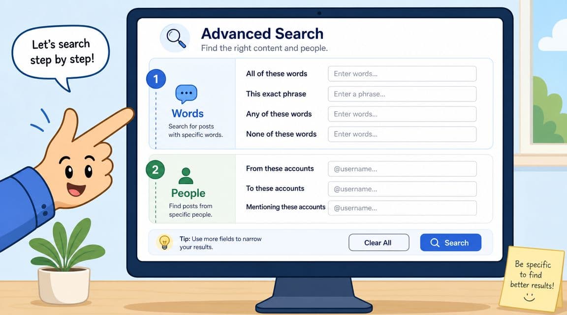 A friendly illustration showing a computer screen displaying an advanced search interface with fields for social media.