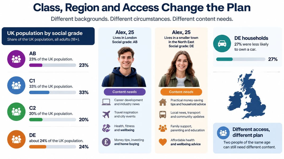 An infographic showing UK population social grades and examples of how geography and class influence content preferences.