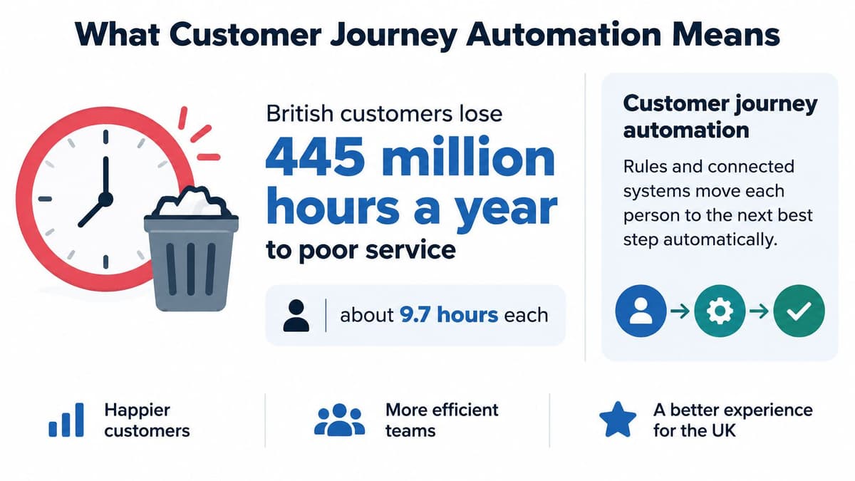 An infographic illustrating that British customers lose 445 million hours annually to poor service, highlighting customer journey automation.