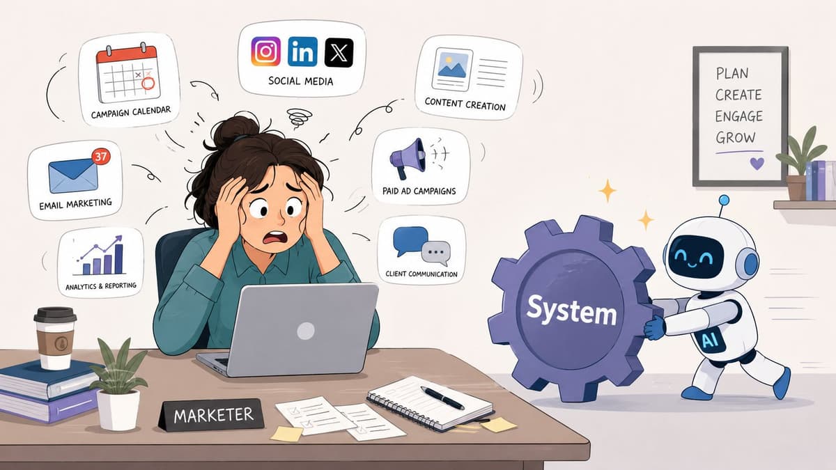 A stressed marketer surrounded by tasks while an AI robot brings a system gear to help.