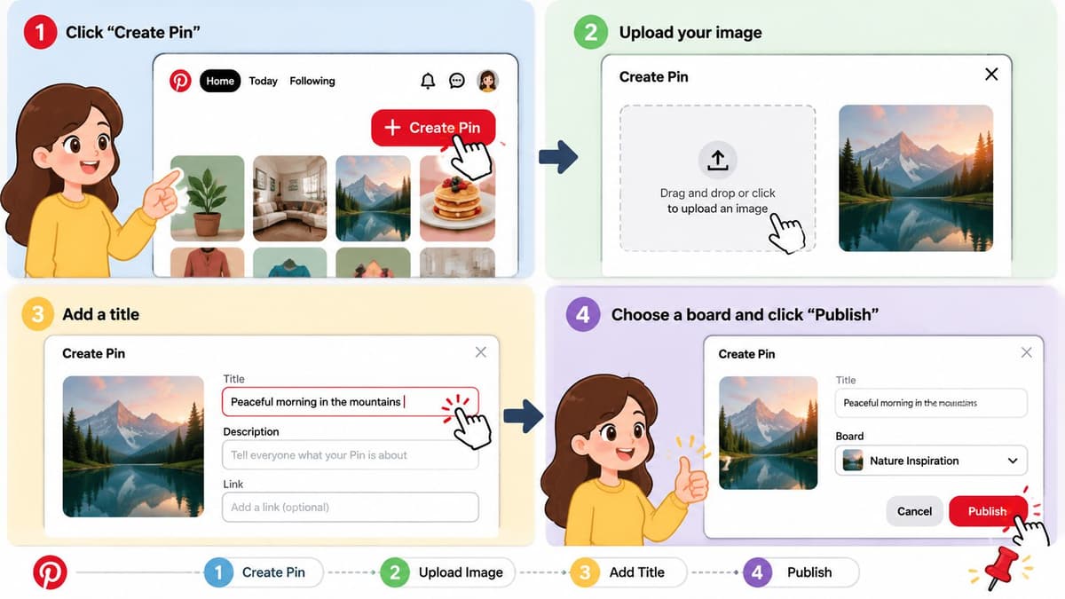 An infographic showing a four-step guide on how to create and publish a new pin on Pinterest.