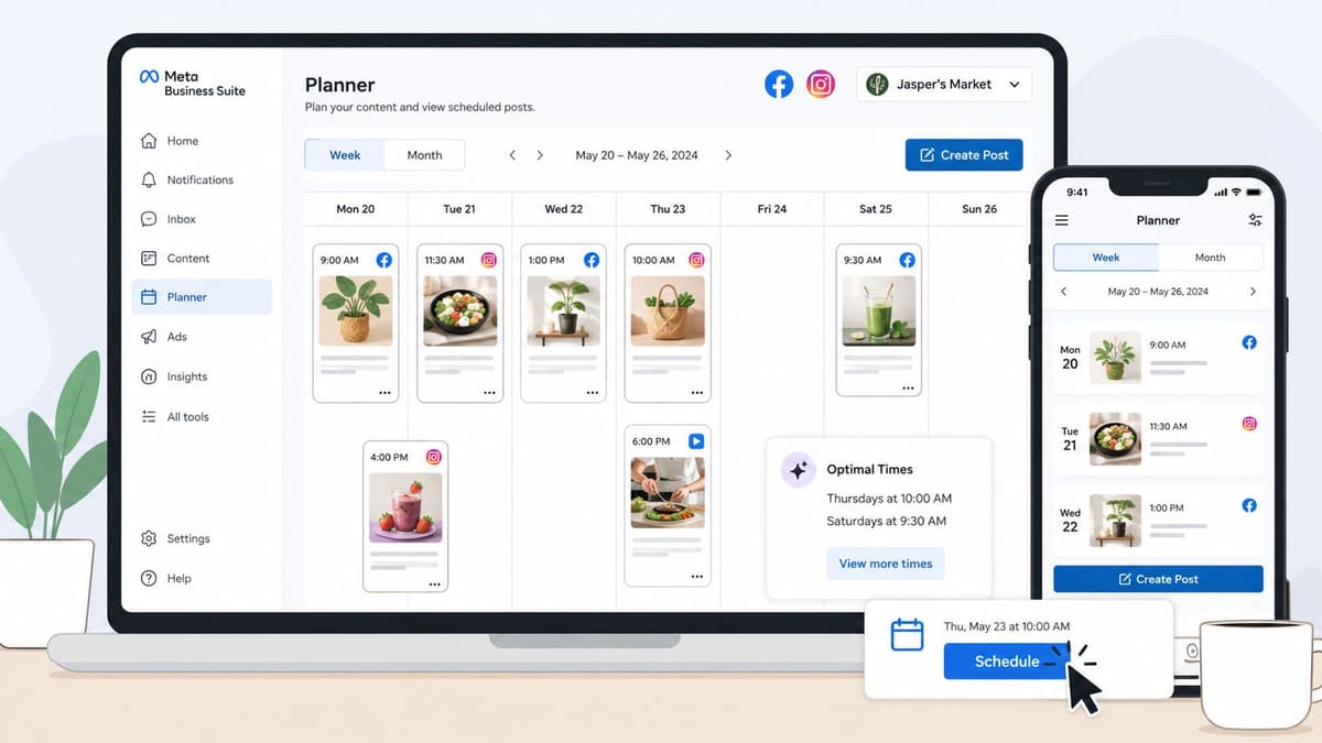 A digital interface showcasing the Meta Business Suite planner for scheduling content across Facebook and Instagram platforms.