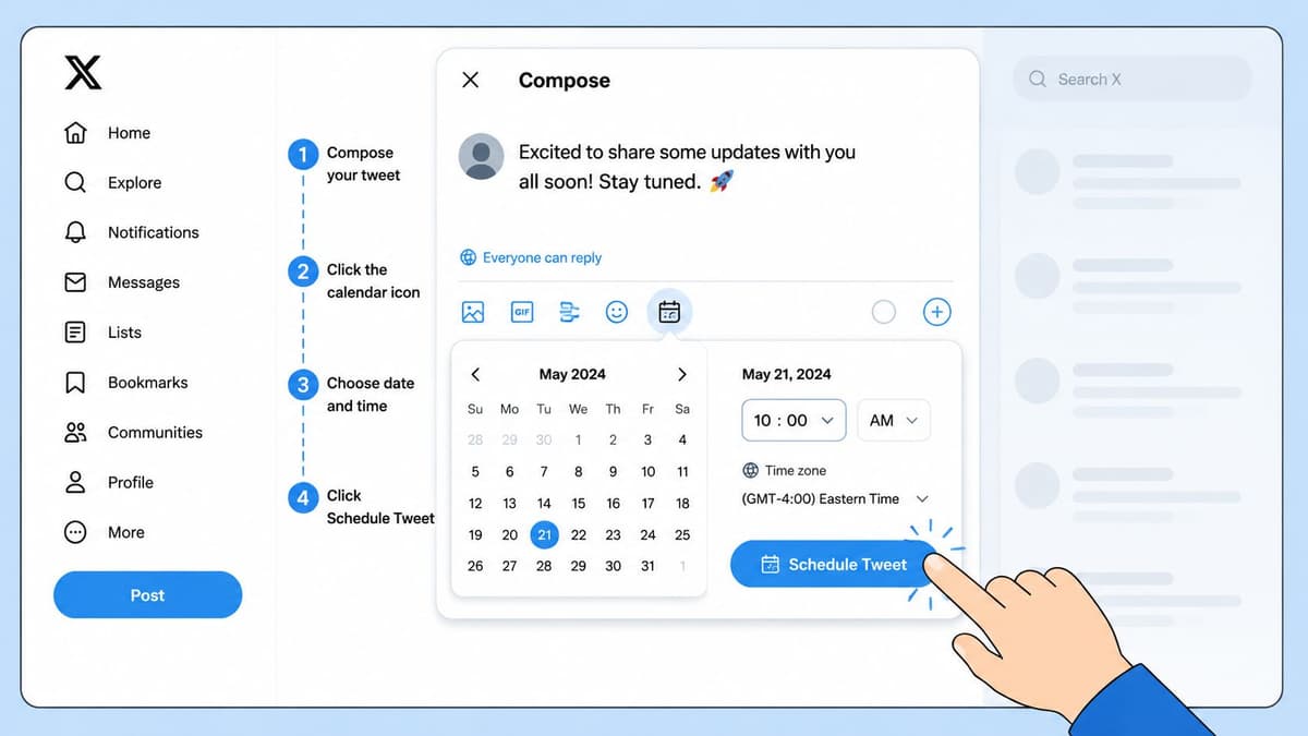 A digital illustration showing the step-by-step process of using the schedule post feature on X.