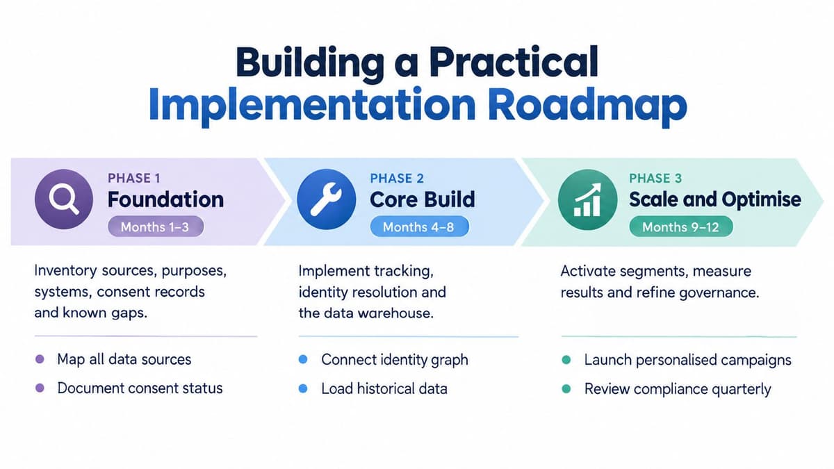 A three-phase implementation roadmap for first-party data strategy detailing foundation, core build, and scaling stages.