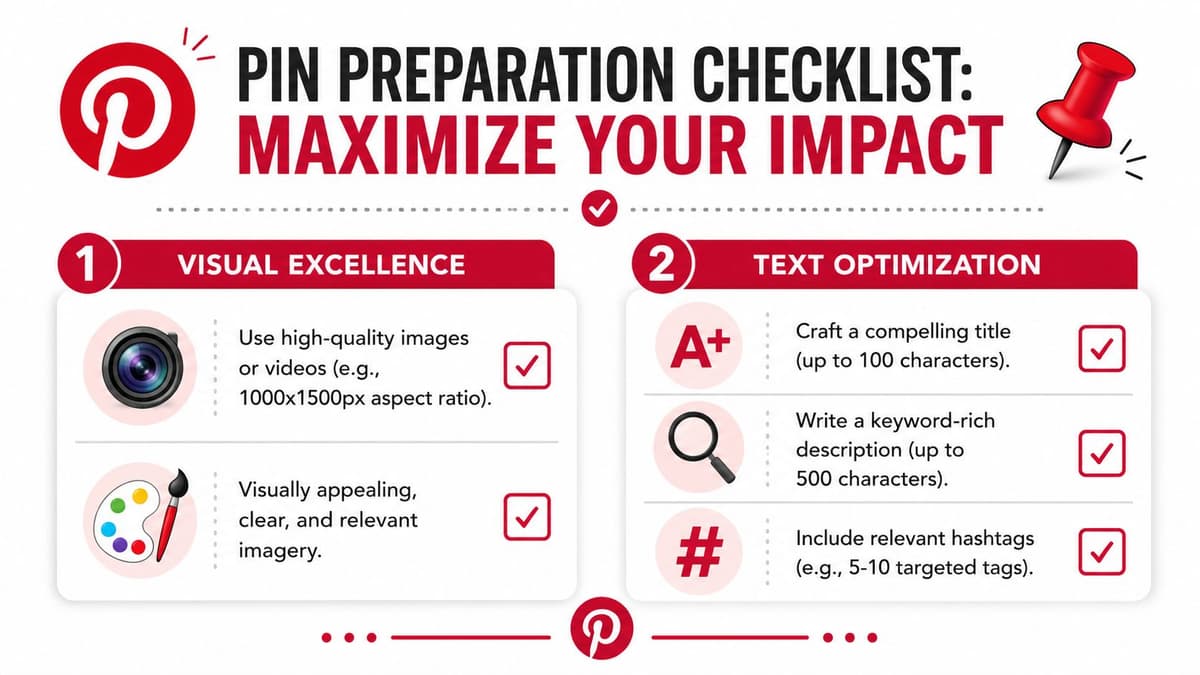 A Pinterest pin preparation checklist infographic highlighting tips for visual excellence and text optimization for better engagement.
