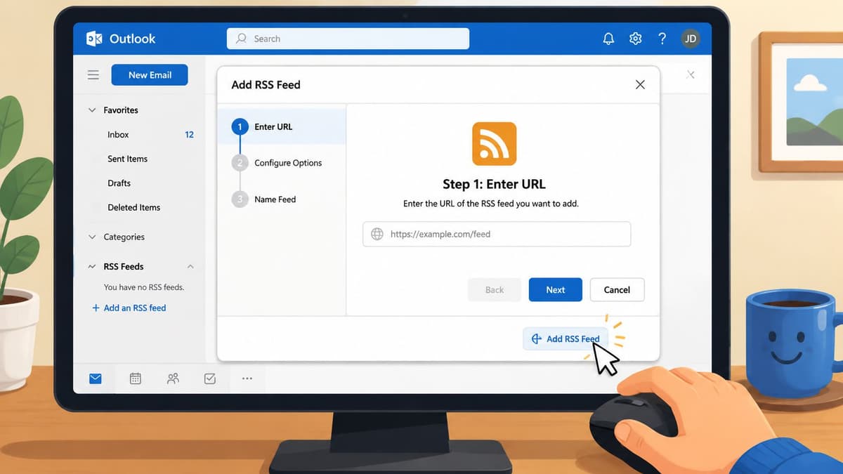 A computer screen showing the Outlook interface with an Add RSS Feed dialog window open.