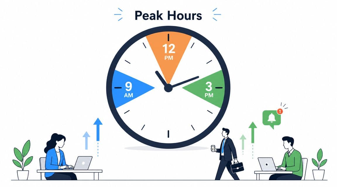 A graphic illustration showing peak activity times on a clock, with professionals working at computers.