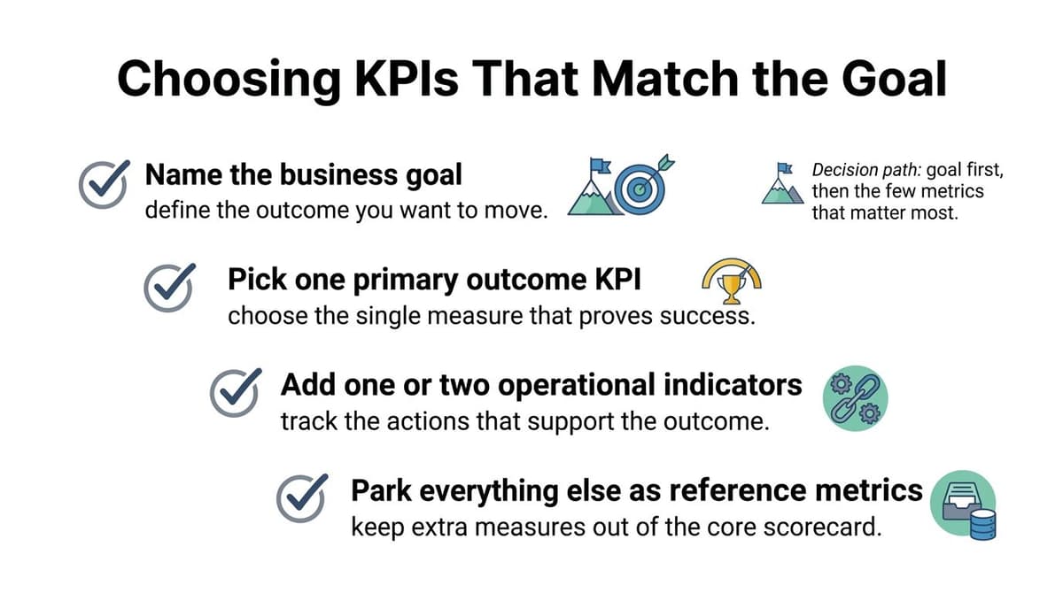 A structured guide illustrating four essential steps for selecting effective business KPIs that align with specific goals.