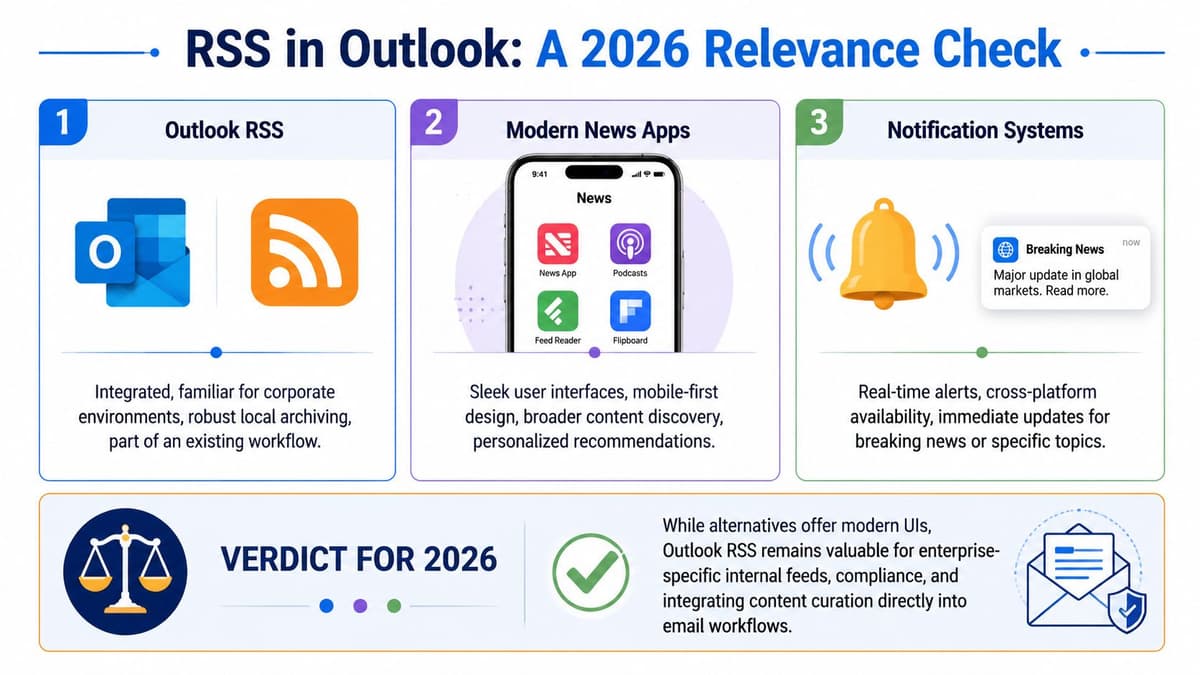 An infographic comparing Outlook RSS feeds with modern news apps and notification systems for 2026.