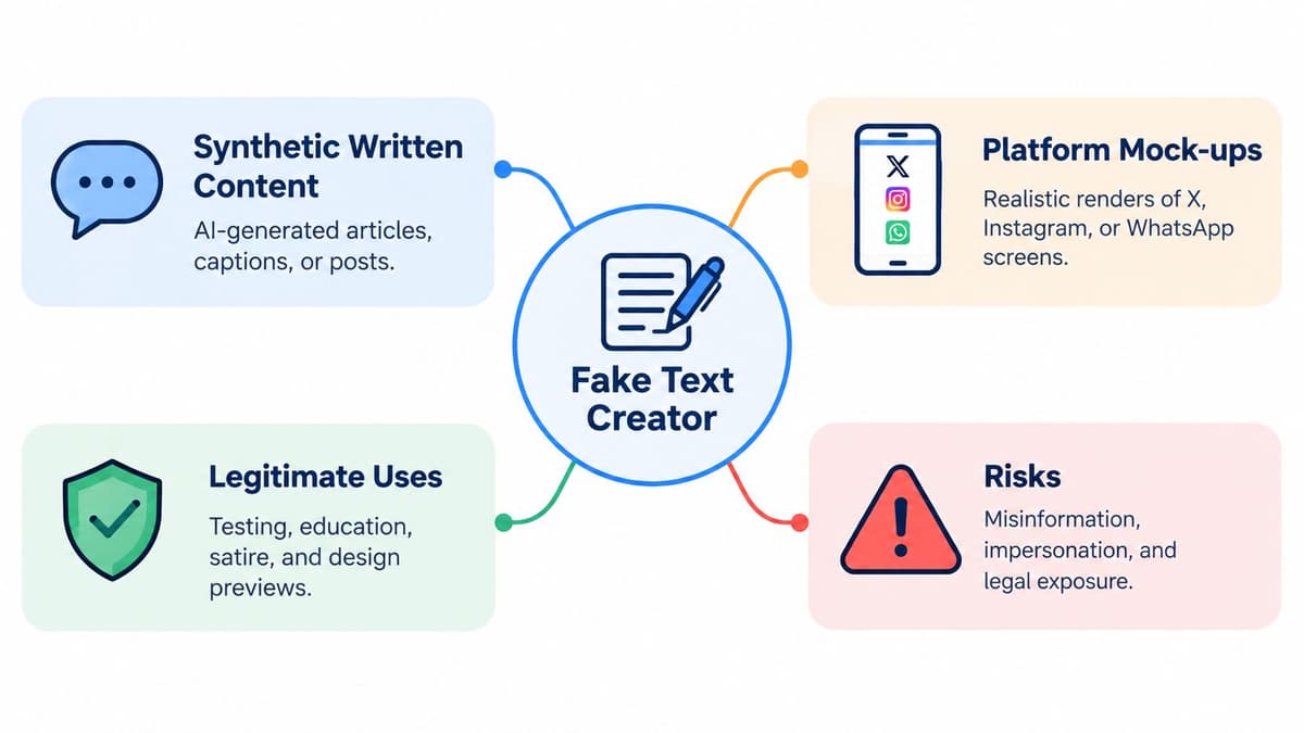 A diagram illustrating the components of a fake text creator tool, including synthetic content, mock-ups, uses, and risks.