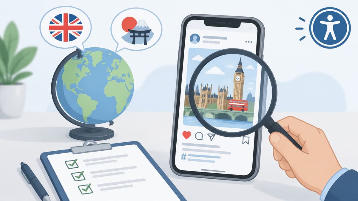 A hand using a magnifying glass to examine a social media post of Big Ben on a smartphone.