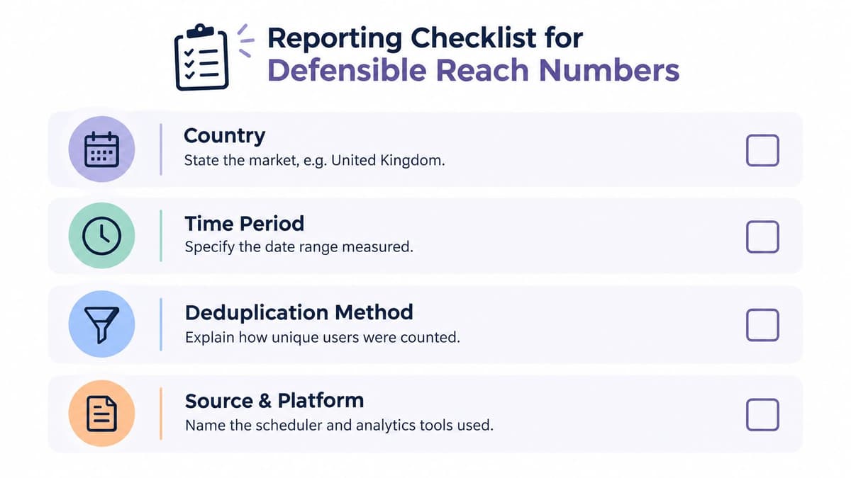 A checklist graphic for reporting defensible reach numbers, outlining key metrics like country, time period, deduplication, and platform.