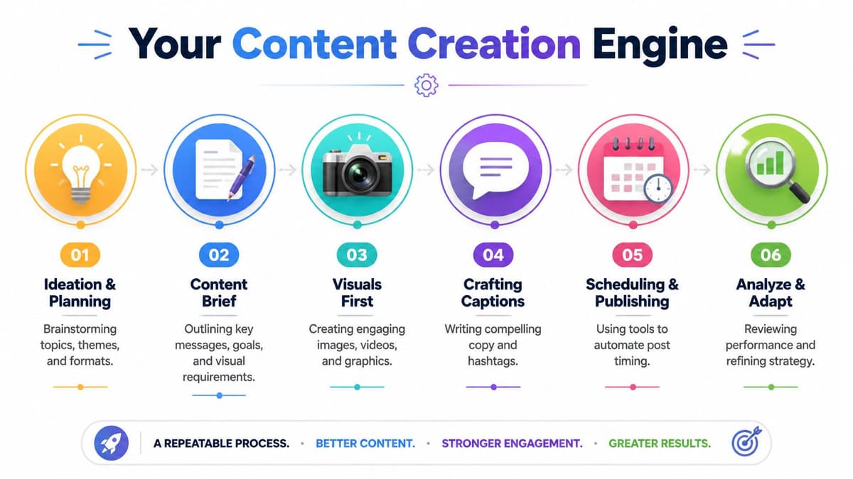 A six-step infographic illustrating a repeatable social media content creation process from planning to analysis.