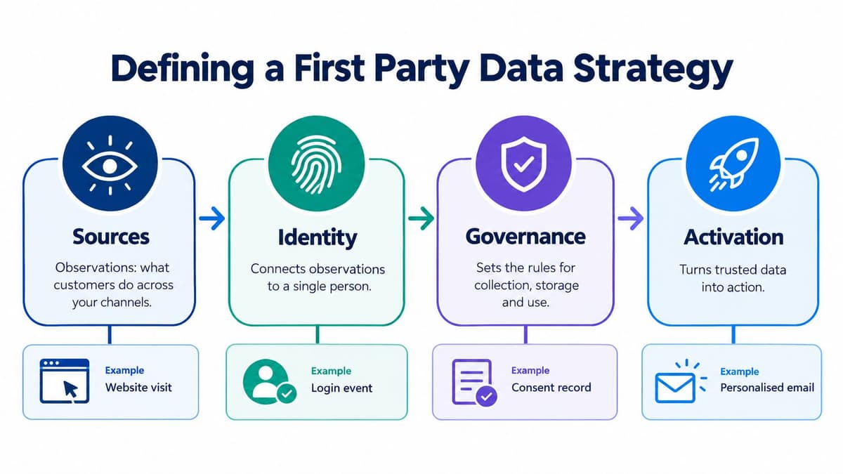 A four-step infographic illustrating a first party data strategy, featuring stages for sources, identity, governance, and activation.
