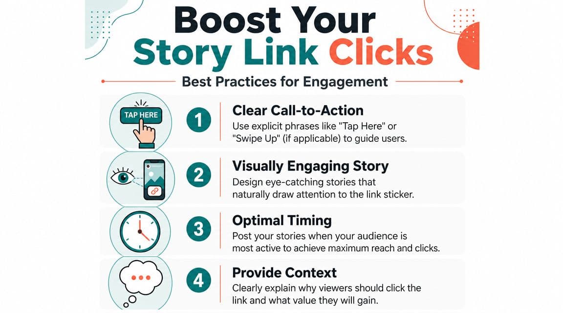 An infographic detailing four best practices to increase engagement and clicks for links in social media stories.