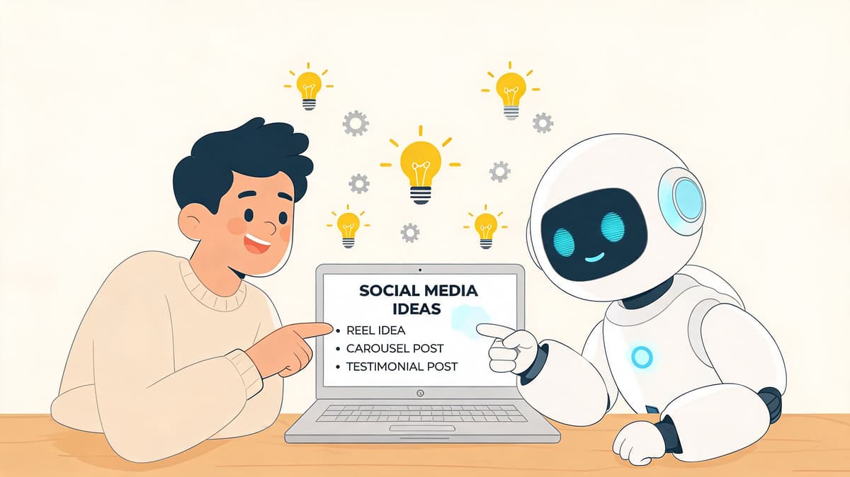 A young man and a friendly robot collaborating on social media content ideas using a laptop.