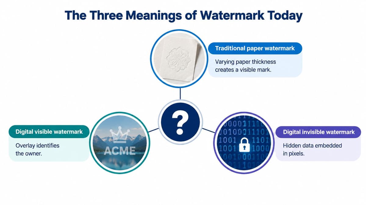An infographic titled The Three Meanings of Watermark Today showing traditional, digital visible, and digital invisible watermarks.