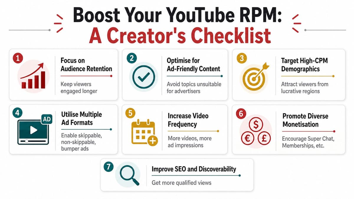 An infographic titled Boost Your YouTube RPM detailing seven actionable strategies to increase channel revenue.