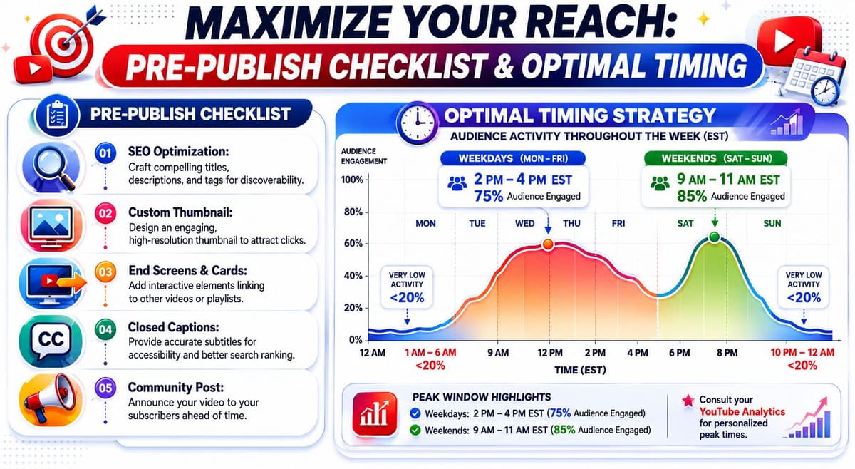 An infographic detailing a YouTube pre-publish checklist and optimal video timing strategy for maximum audience engagement.