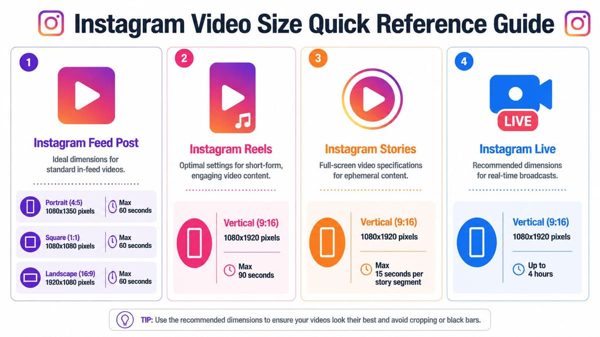 An infographic titled Instagram Video Size Quick Reference Guide showing dimensions and duration for different video formats.