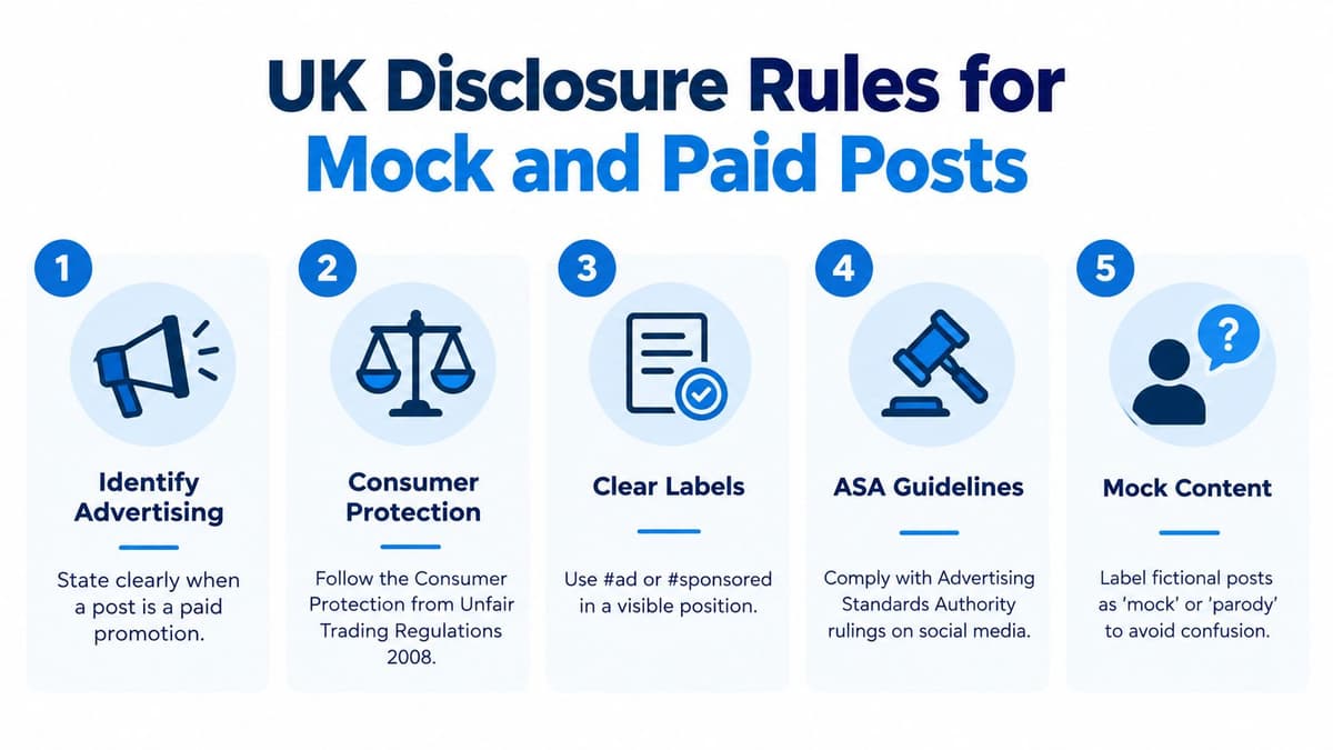 An infographic detailing five UK disclosure rules for identifying paid advertisements and mock content on social media.