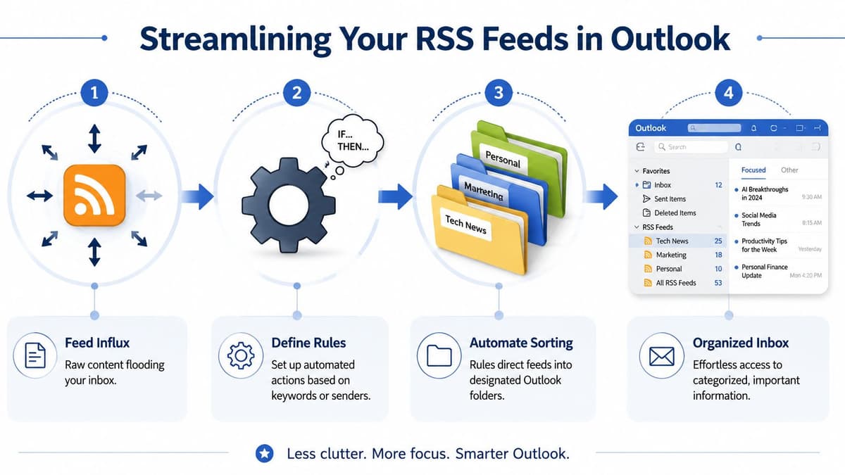 A four-step infographic illustrating how to streamline and organize RSS feeds in Microsoft Outlook using automation.