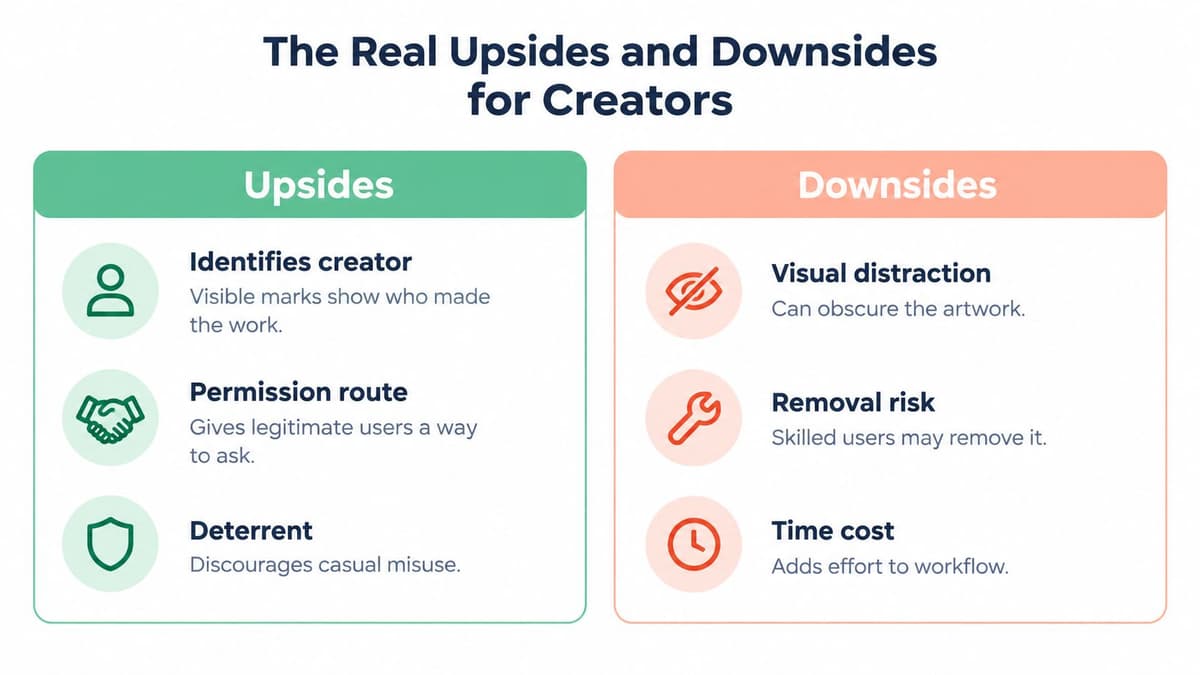 A comparison chart showing the upsides and downsides of watermarking for creative professionals and digital artists.