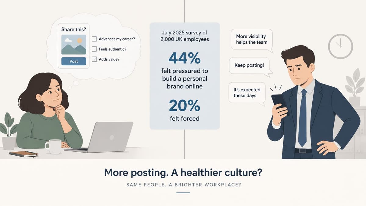 A split illustration comparing a woman considering a professional social media post with a stressed male employee.