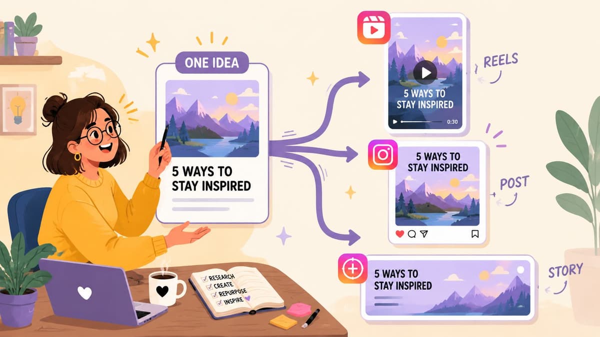 An illustrator showing how to repurpose one content idea into reels, posts, and stories on social media.