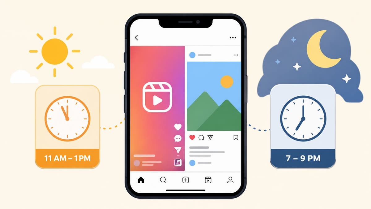 A smartphone showing Instagram interface with time slots for posting content during morning and evening hours.