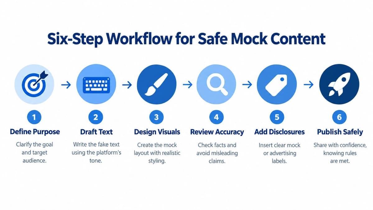 A six-step workflow infographic illustrating the safe process for creating and publishing mock marketing content.