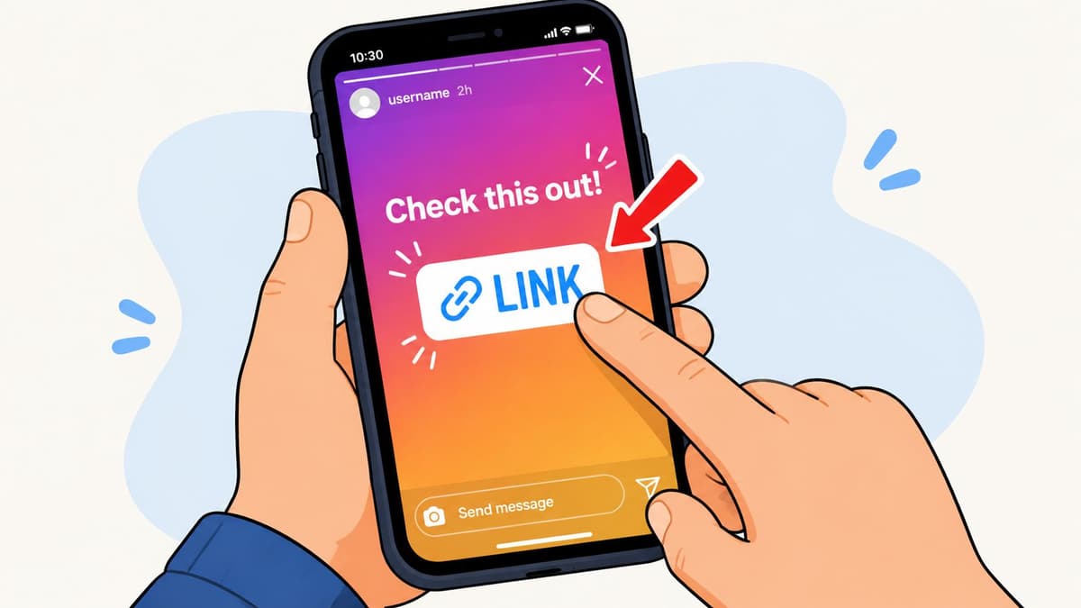 A smartphone screen showing an Instagram story with a link sticker being pressed by a finger.