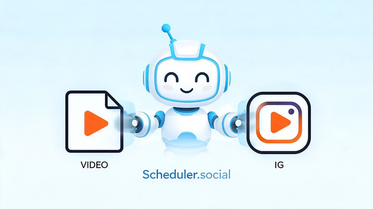 A friendly 3D robot character bridging the gap between a video file icon and Instagram logo.