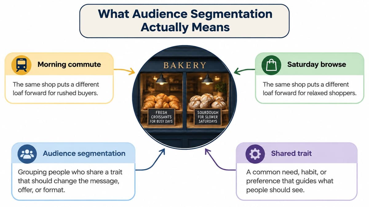 A diagram illustrating audience segmentation using a bakery example, contrasting morning commuters and weekend shoppers.