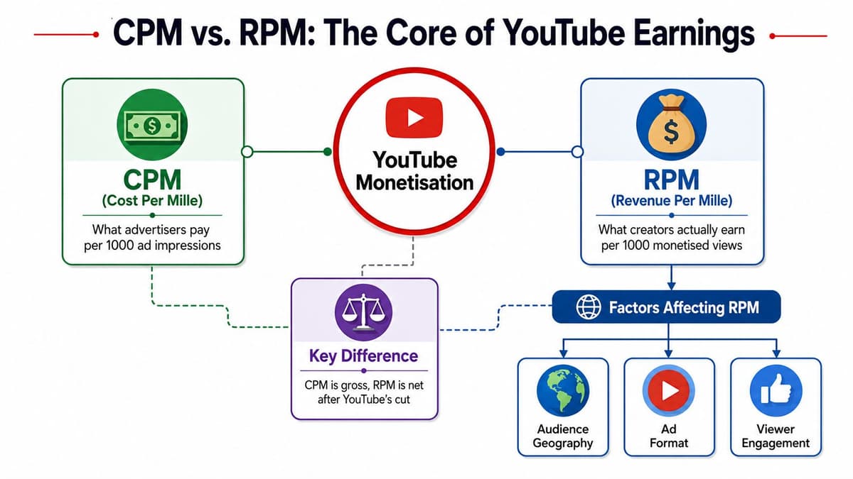 A diagram comparing CPM and RPM to explain how YouTube monetization and creator earnings are calculated.