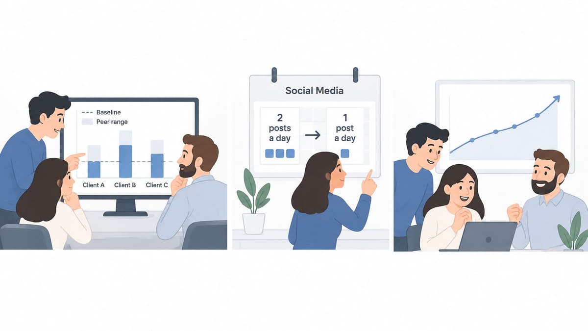 A three-part illustration showing a team analyzing business performance data, social media strategy, and positive growth trends.