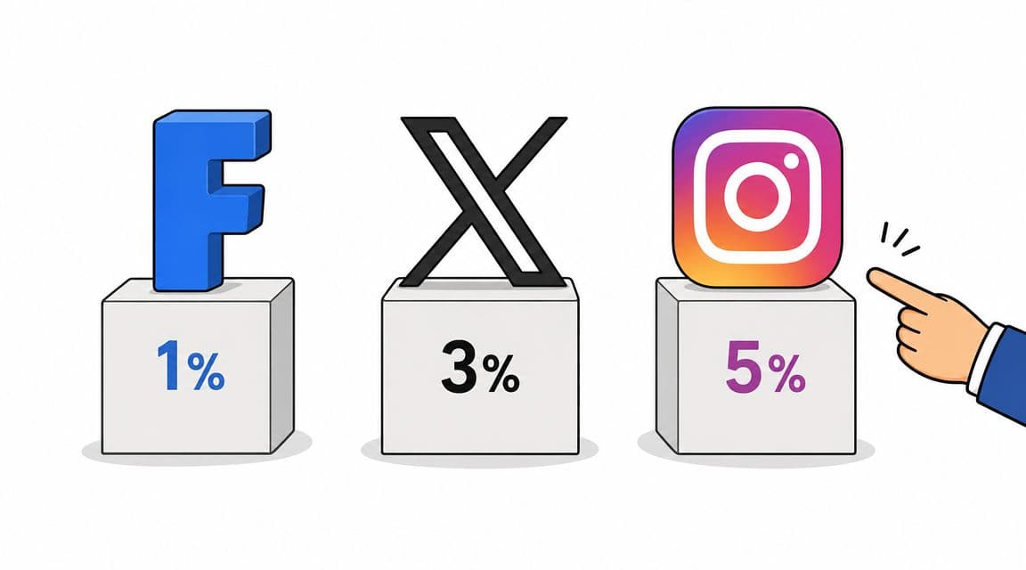 A hand pointing at an Instagram icon on a pedestal labeled five percent next to Facebook and X.