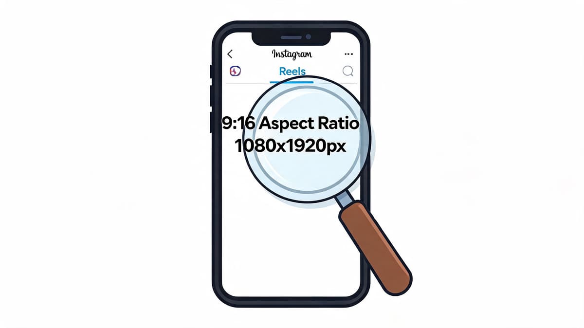 A magnifying glass focusing on the text 9:16 aspect ratio 1080x1920px on an Instagram Reels screen.