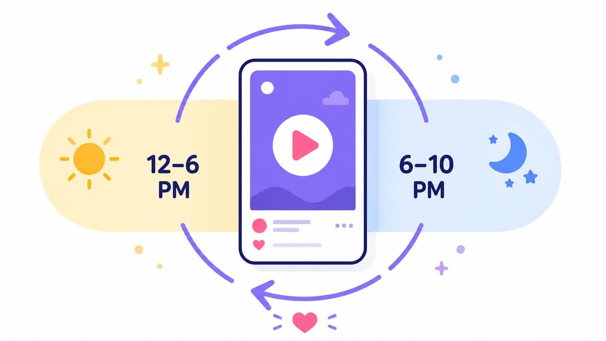 A social media post timing graphic showing optimal posting hours between 12-6 PM and 6-10 PM.