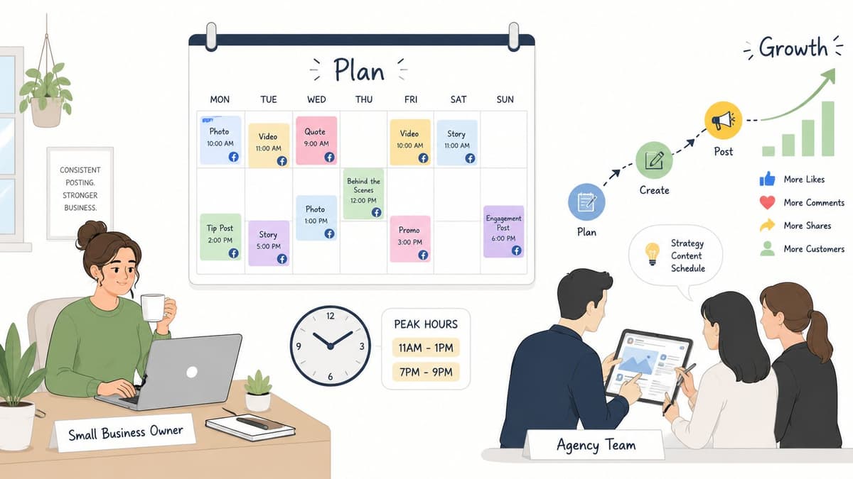 A small business owner and marketing agency team planning a strategic social media content calendar for growth.