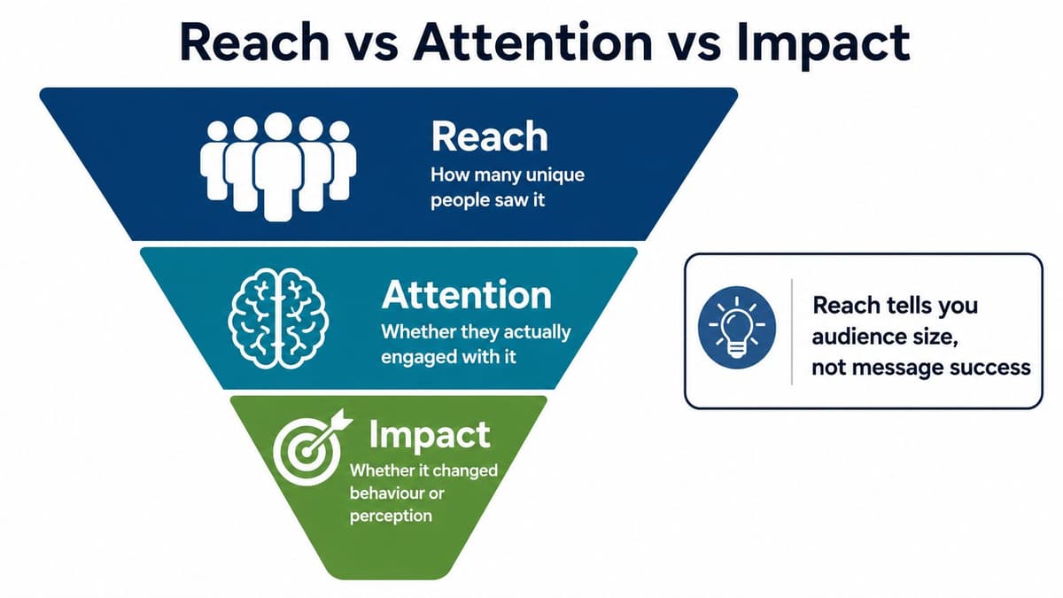 A marketing funnel diagram showing the hierarchy of reach, attention, and impact metrics for campaign success.